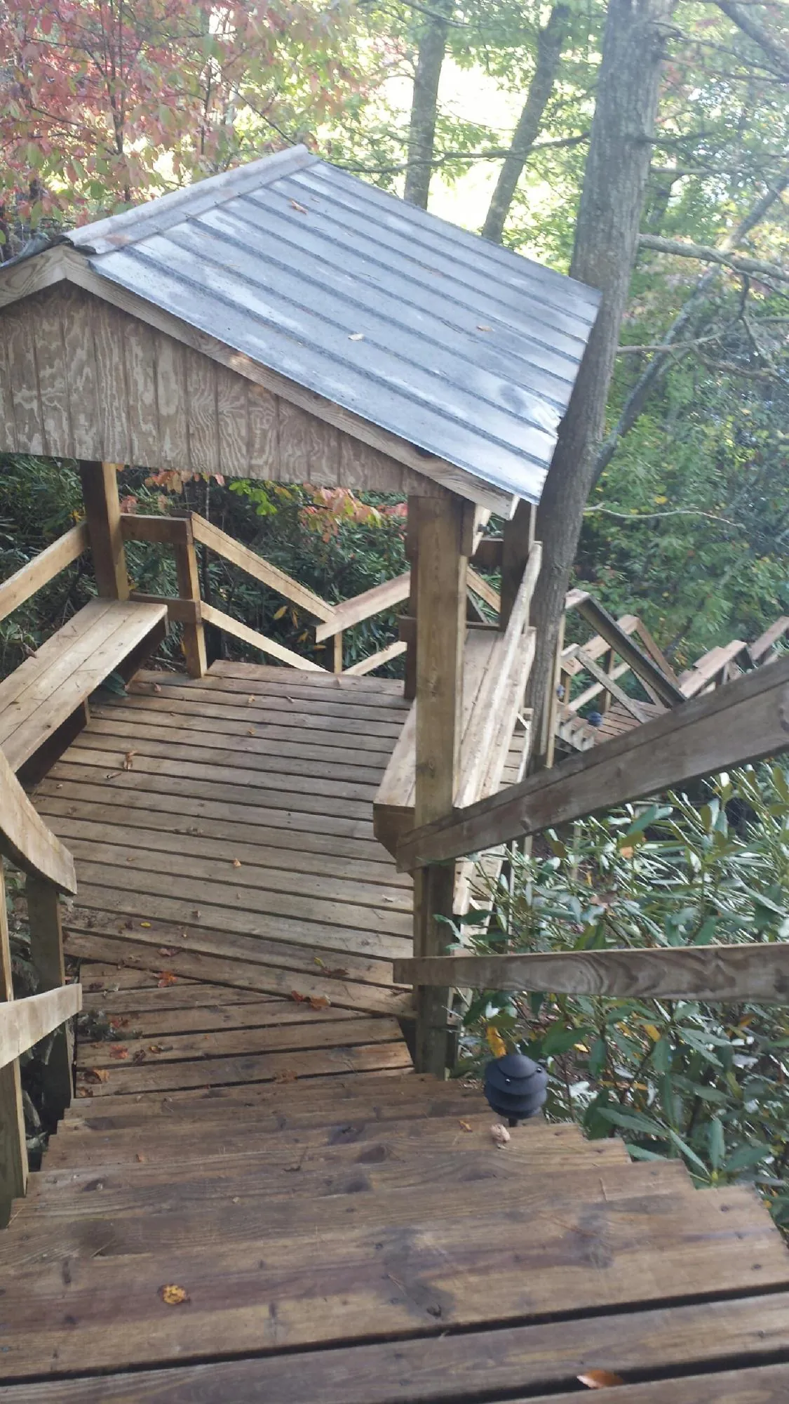 Metal roofed shelter over wooden steps on a wooded walkway — Skylight Repair & Installation work by our crew in Bostwick